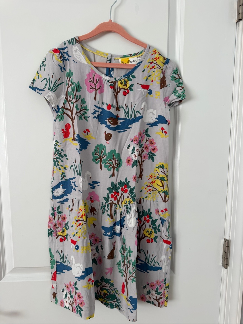 Mini Boden Girls' Nature Print Dress in Gray with Multicolor Motifs